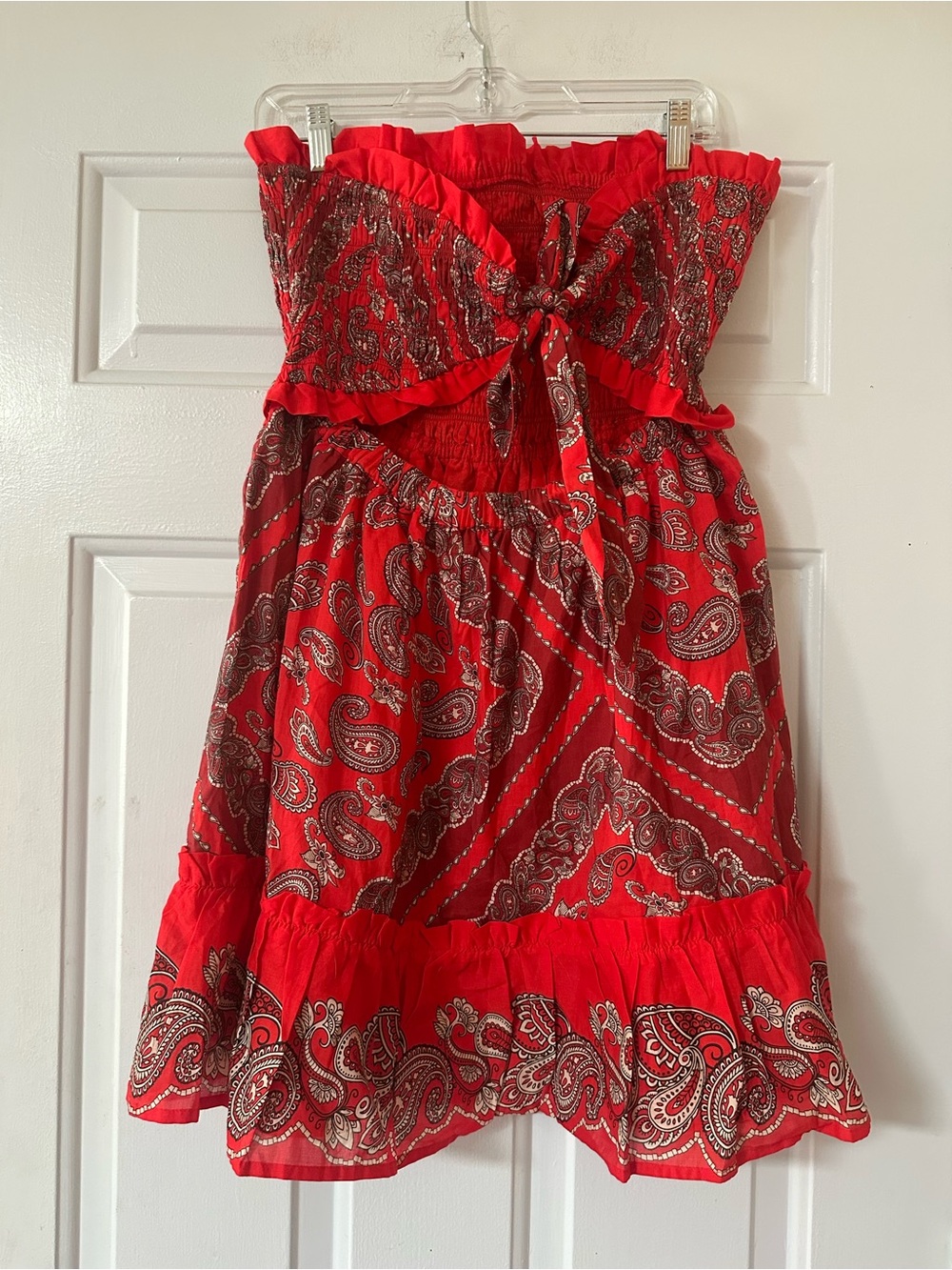 VENUS Red Paisley Strapless Sundress tie back smocked large - Picture 8 of 12